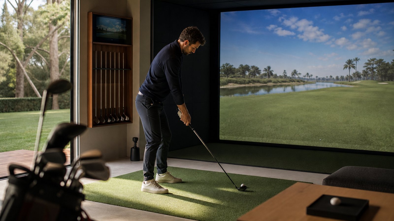Pièce dédiée aménagée autour d'un simulateur de golf indoor avec éclairage indirect et panneaux acoustiques