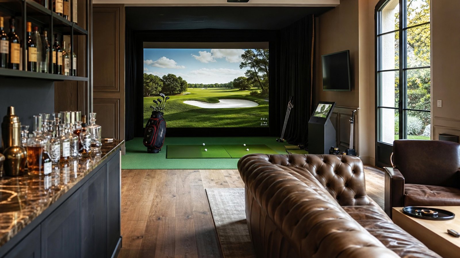 Salle de simulateur de golf indoor animant une belle demeure lors d'une réception entre amis